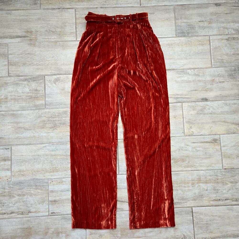 WAYF Hatty Cinnamon Velvet Trouser Pants Women's Pleated High Rise Belted‎ 8